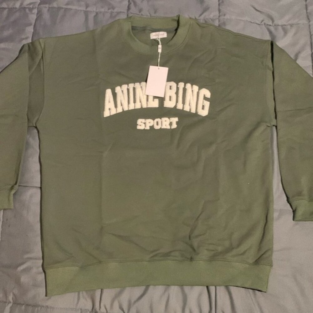 Anine Bing Sport Thyme Green Sweater White Distressed Letter Embroidery